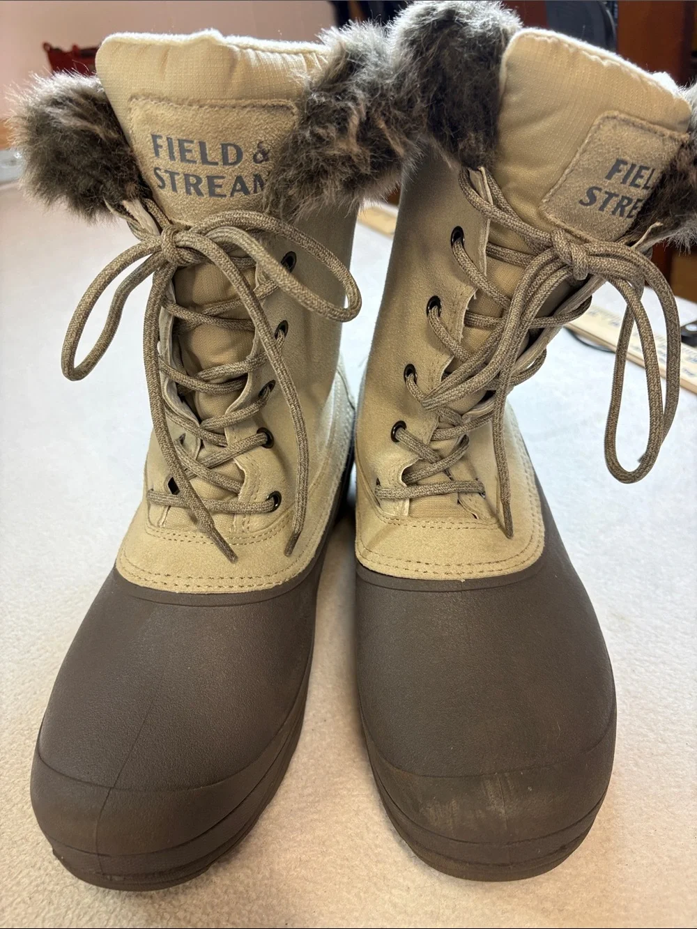 Field & Stream Women's Tan and Brown Lace-Up Winter Boots with Faux Fur Cuff